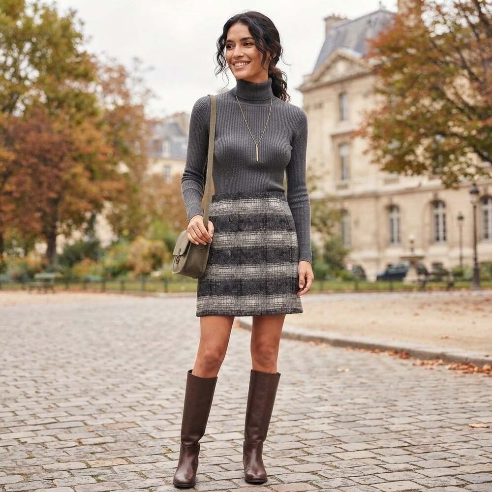 Uniqlo Sz 6 Black Gray Plaid Wool Blend Mini Skirt Pockets Dark Academia